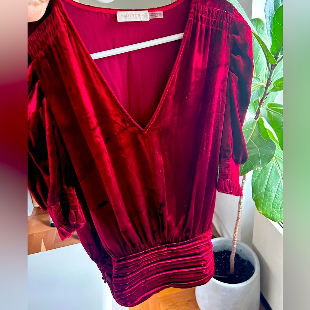 New Ramy Brook Velvet floral top longsleeve Top Cinched Waist L